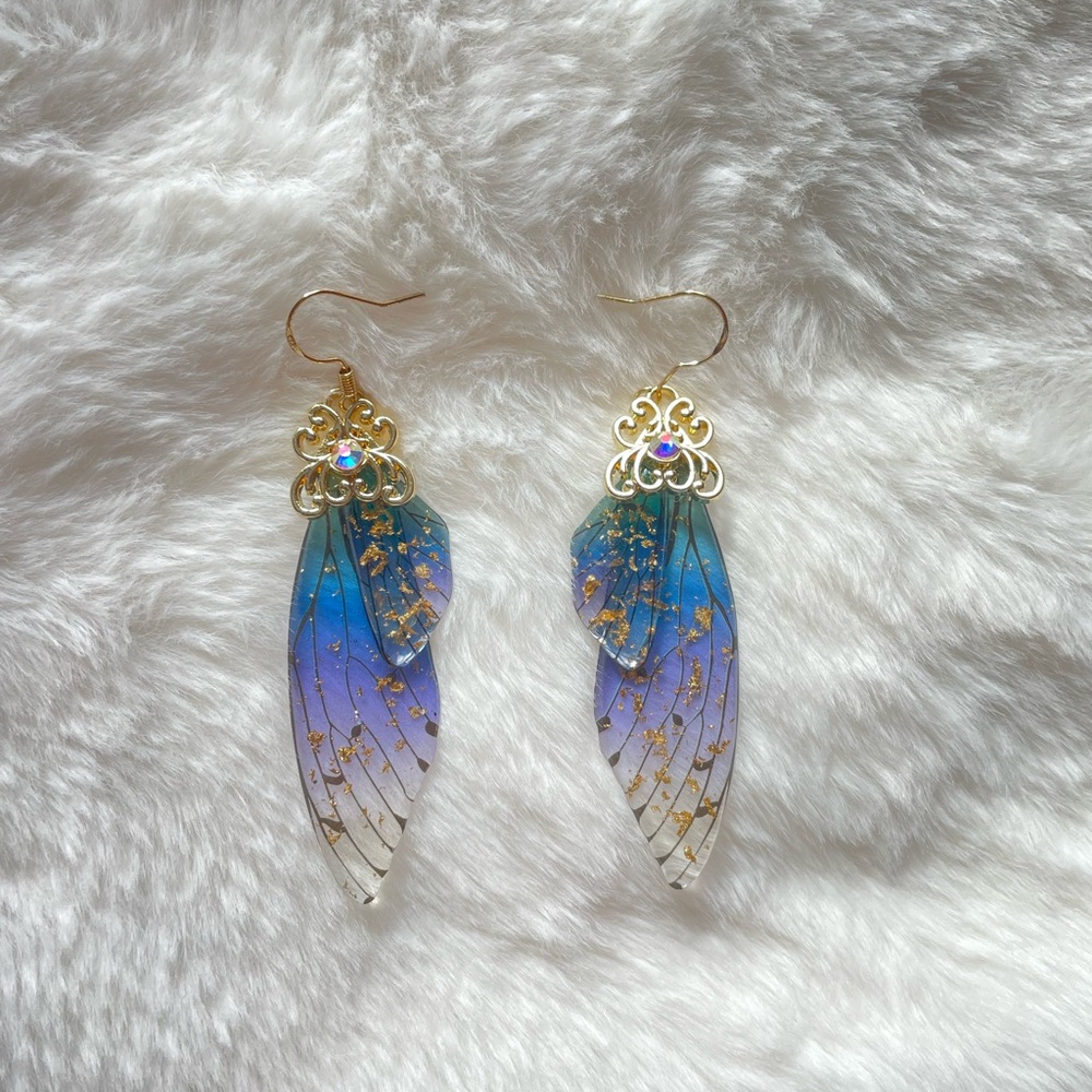 Blue and Gold Butterfly Wing Earrings